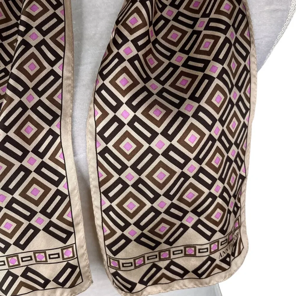 Vintage Ann Taylor Silk Scarf Geometric Brown Beige Pink New